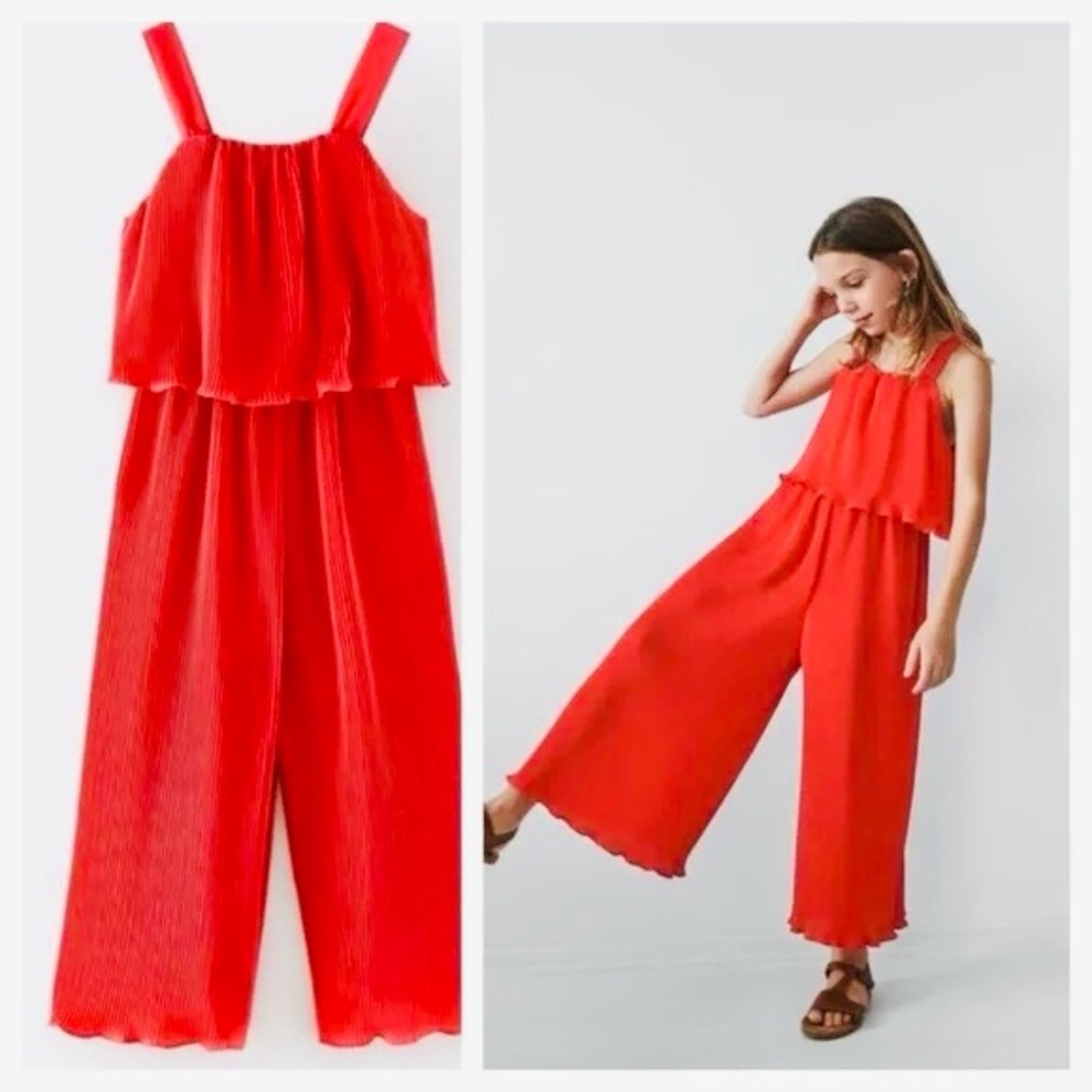 Zara Girls Bright Red 4th July Pleated Ruffle jumpsuit NWT Size 13- 14